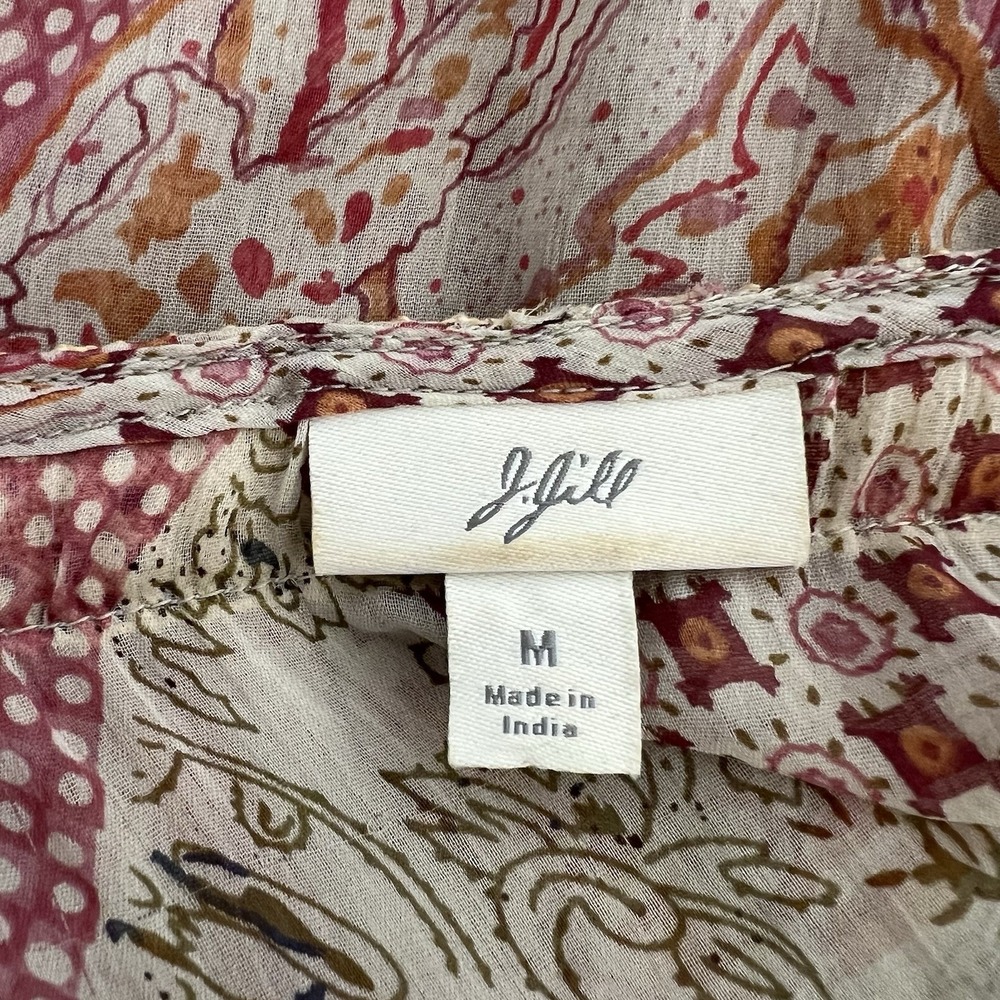 J. Jill Pink Patchwork Pattern Jewel Sheer V-Neck Long Sleeve Blouse Sz M Fairy - Picture 9 of 13